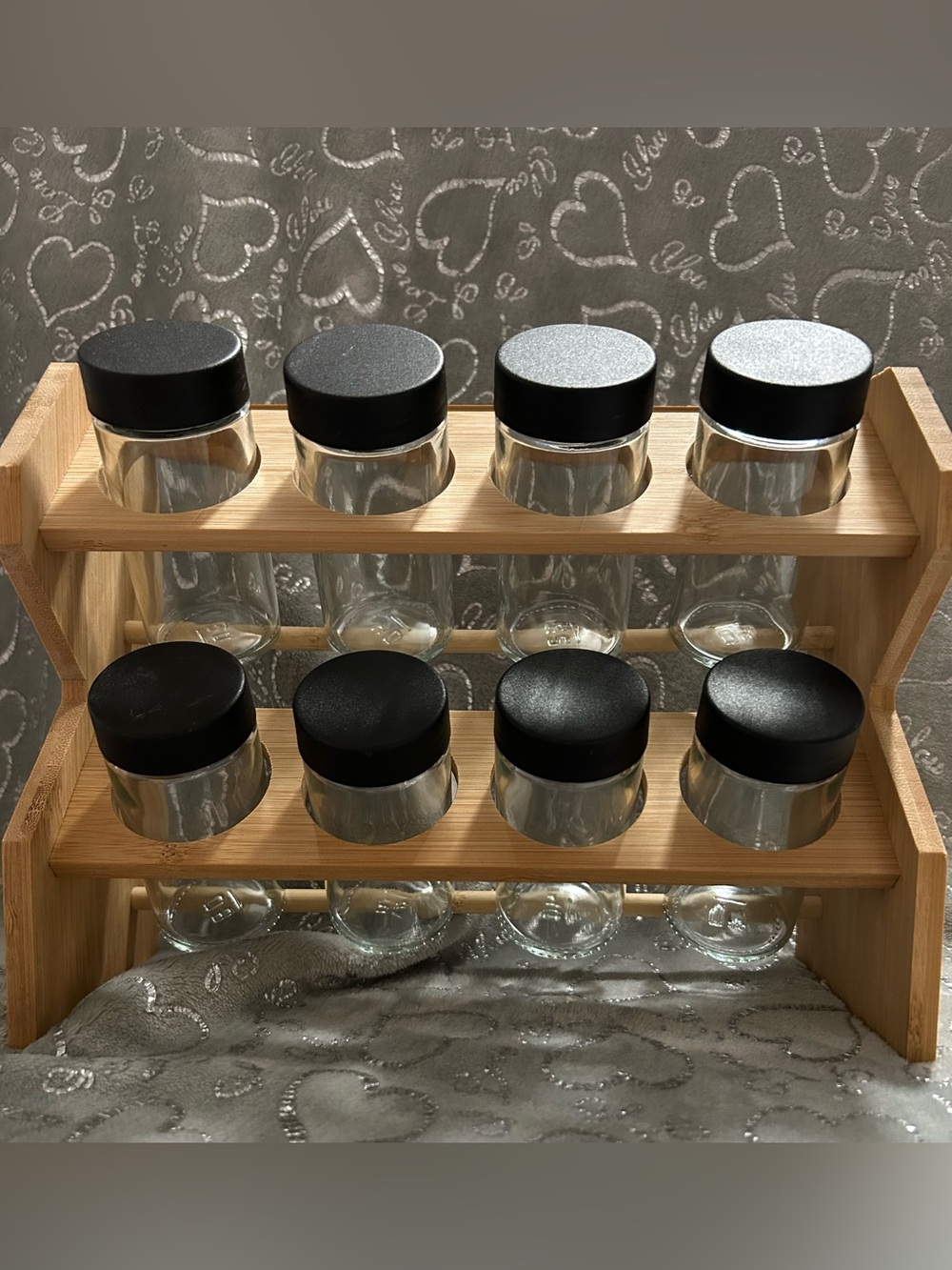 NWT Core Bamboo, Spice Rack with 8 Clear Jars and Black Lids